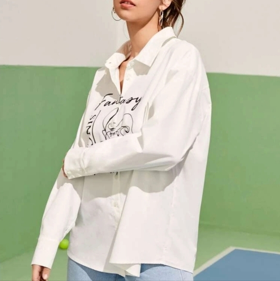 SHEIN Figure & Letter Graphic Drop Shoulder White Button Down Size M - Picture 3 of 12